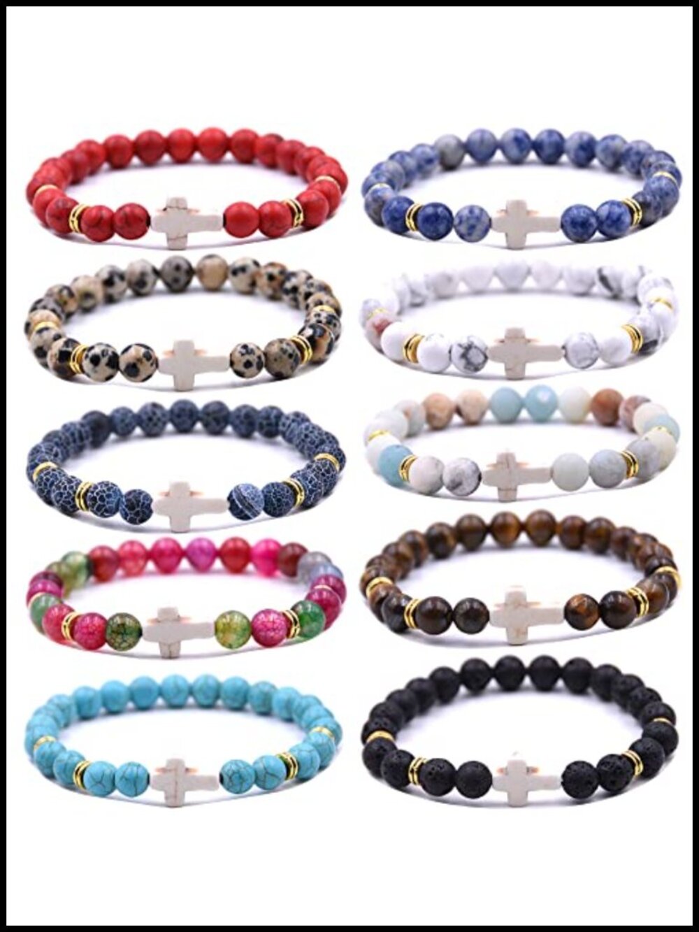 10 Pack Stone Bead Cross Bracelets Anxiety Healing Natural Lava Rock Tiger Eye